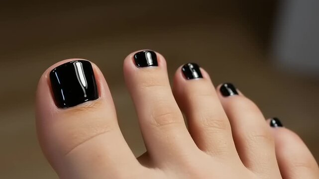 Close-up of a toenails with black polish.