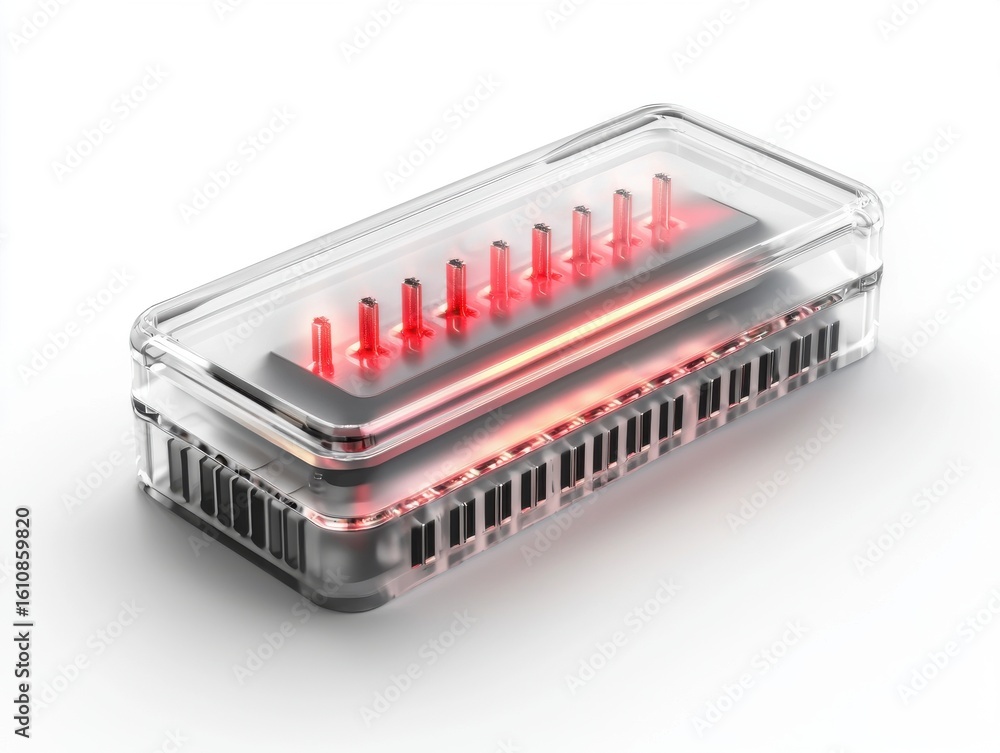 Poster transparent rectangular chip with red led lights embedded inside, showcasing a futuristic electronic
