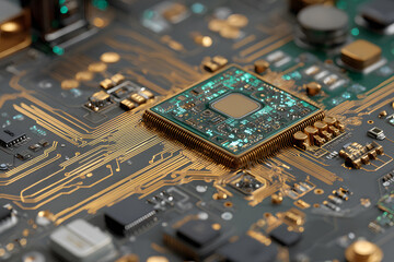 Close-Up of Electronic Circuit Board with Microchip and Connectors