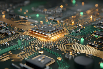 Close-Up View of Circuit Board with Microprocessor and Gold Connections