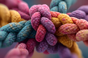 Colorful Soft Knots of Rope Intertwined in Artistic Close-Up View