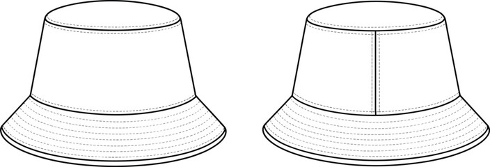 Cad drawing flat vector illustration of bucket hat, front and back view, minimal stitched detail, wide brim design, fashion accessory, headwear template, unisex style.