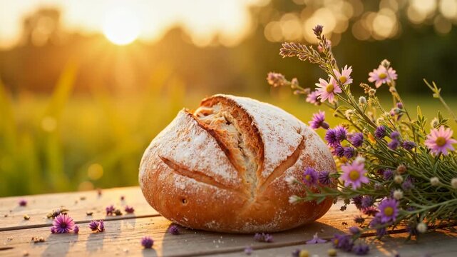 Golden hour bread sits beside flowers. Fresh baked bread on table next to wildflowers in warm light of dusk. Golden hour bread shines as part of a scenic scene, perfect as element in a video.