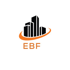 Fototapeta premium Modern Real Estate Building Logo with Urban Skyline and Orange Arc – EBF Construction or Property Brand Identity. 