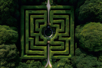 Aerial View of Intricate Green Maze Surrounded by Lush Nature