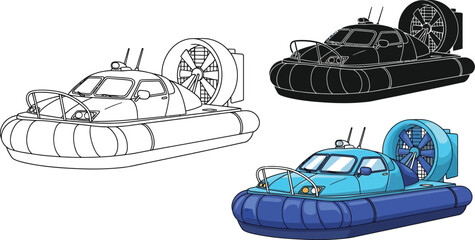 Dynamic hovercrafts showcased in line art, silhouette, and vibrant blue designs for versatile transport concepts