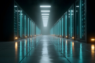 Data Center Interior with Neon Lights and Reflective Floor Surface