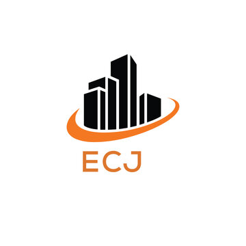 Modern Real Estate Building Logo with Urban Skyline and Orange Arc &ndash; ECJ Construction or Property Brand Identity.
