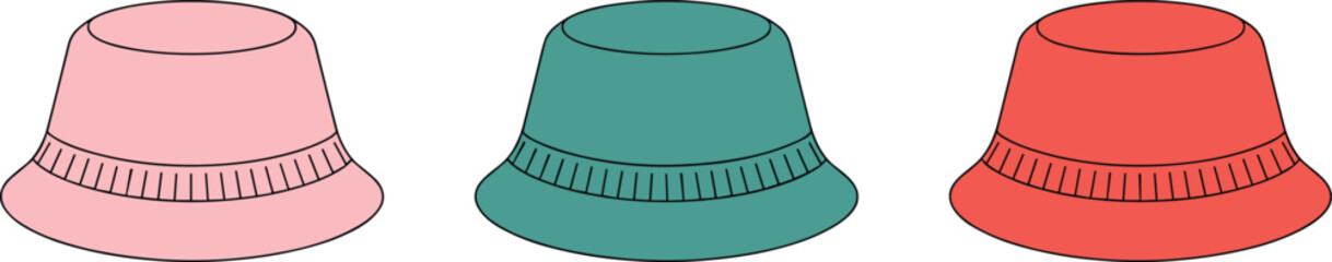 Cad drawing flat vector illustration of bucket hats in pink, green, and red colors, trendy casual headwear design for fashion accessories