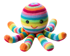 Colorful striped plush octopus toy isolated on white background, PNG.AI Generated.