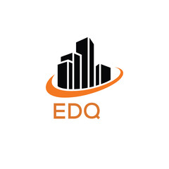 Modern Real Estate Building Logo with Urban Skyline and Orange Arc – EDQ Construction or Property Brand Identity.
