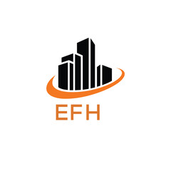 Fototapeta premium Modern Real Estate Building Logo with Urban Skyline and Orange Arc – EFH Construction or Property Brand Identity. 