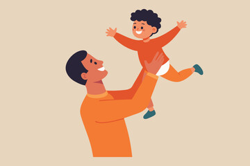 A father is holding his son up in the air with love and happiness