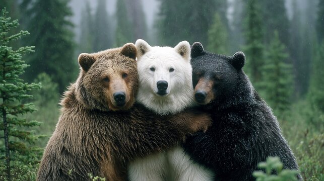 Image of three different bear breeds hugging in a forest: white, brown, and black.
