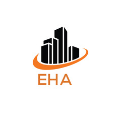 Modern Real Estate Building Logo with Urban Skyline and Orange Arc – EHA Construction or Property Brand Identity.
