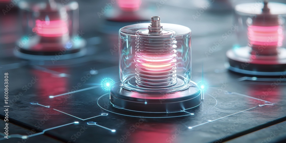 Poster electricity circuit efficiency concept. futuristic circuitry with glowing elements and a transparent