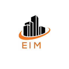 Modern Real Estate Building Logo with Urban Skyline and Orange Arc – EIM Construction or Property Brand Identity.
