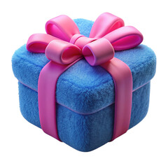 Fluffy blue gift box adorned with a vibrant pink satin ribbon and bow perfect for celebrations and special occasions