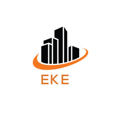 Modern Real Estate Building Logo with Urban Skyline and Orange Arc – EKE Construction or Property Brand Identity.
