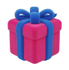 A vibrant pink gift box adorned with a bright blue ribbon and bow presented in a clean isolated studio setting on a white background