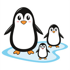 Naklejka premium Penguin family sliding on ice playful style.