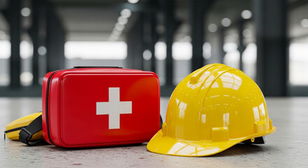 Essential workplace safety equipment, featuring a yellow hard hat and a first aid kit for occupational health and emergency preparedness.