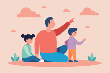 A father and his children enjoy the scenery outdoors