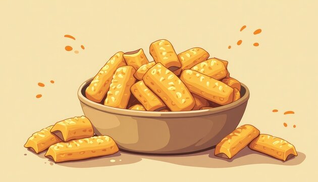 Cartoon Bowl of Golden Snack Bars with Sprinkles on Cream Background