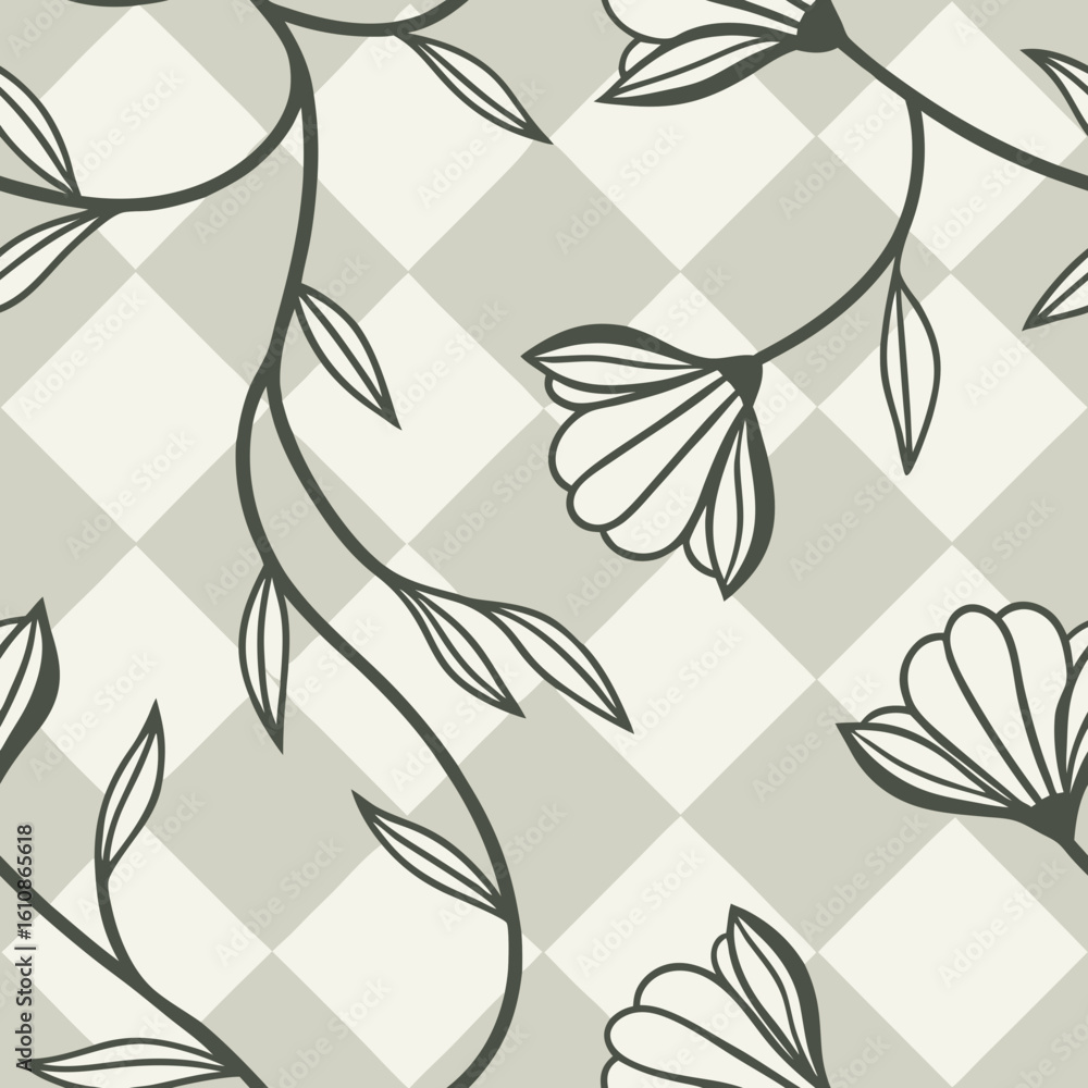 Poster subtle checkered seamless vector pattern with floral elements and soft green tones