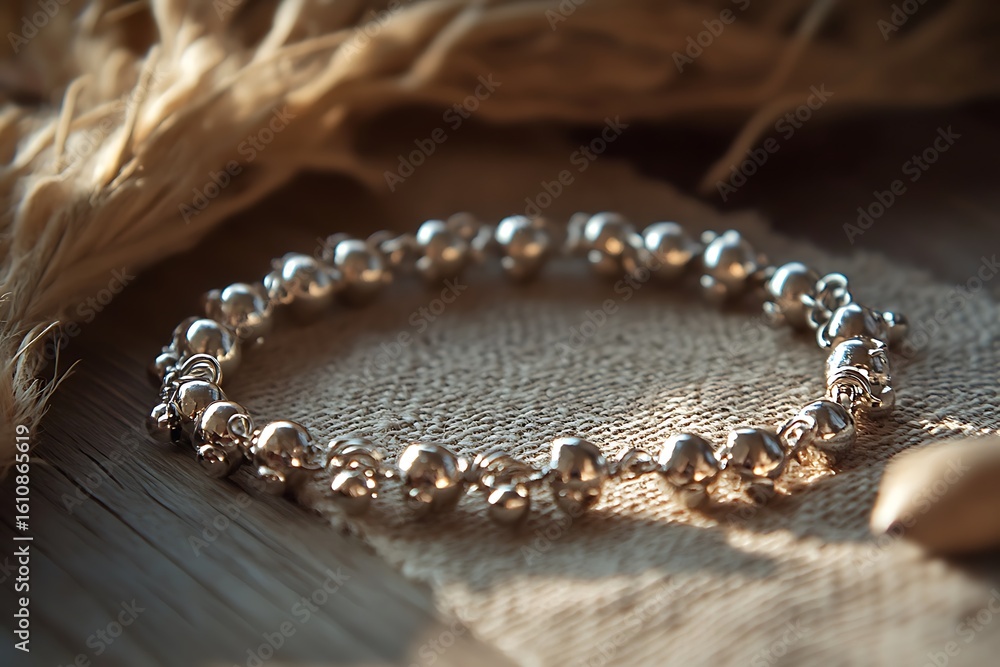 Poster tiny bells dangle from a metallic anklet in rhythmic pattern.