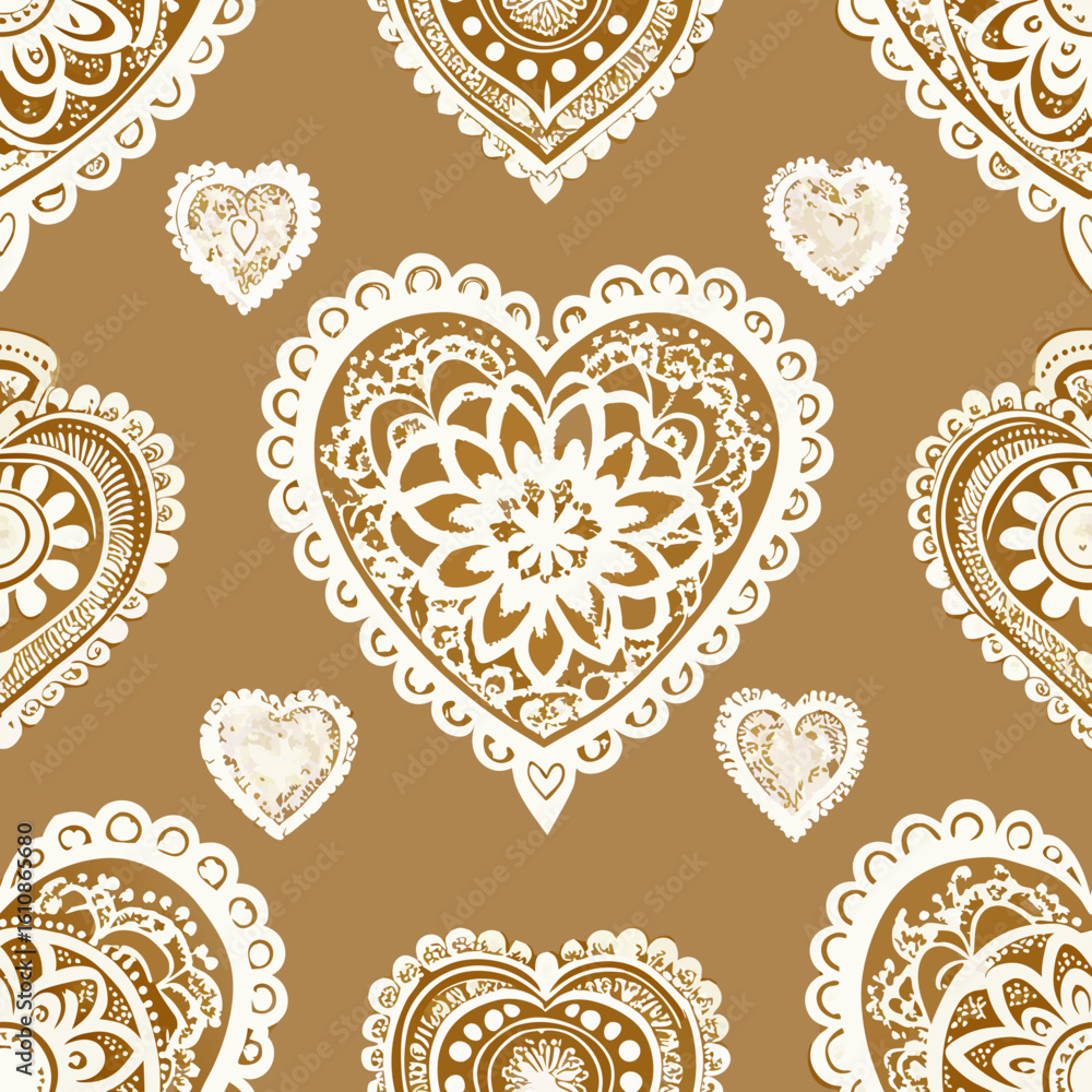 Poster seamless vector pattern of intricate heart designs on brown background