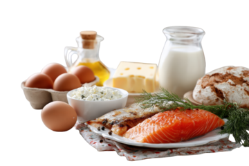 Healthy farm products beautifully presented together for a balanced diet concept picture on transparent background