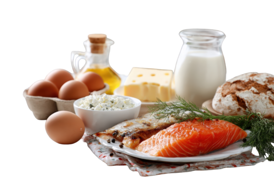 Healthy farm products beautifully presented together for a balanced diet concept picture on transparent background