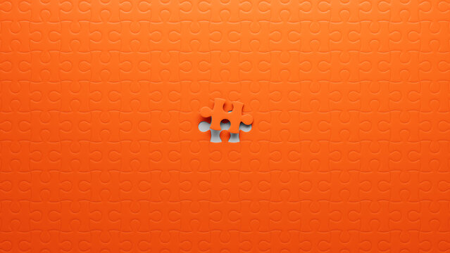 Vivid Orange Puzzle with Missing Center Piece Against Sky Blue - A Striking Conceptual Contrast