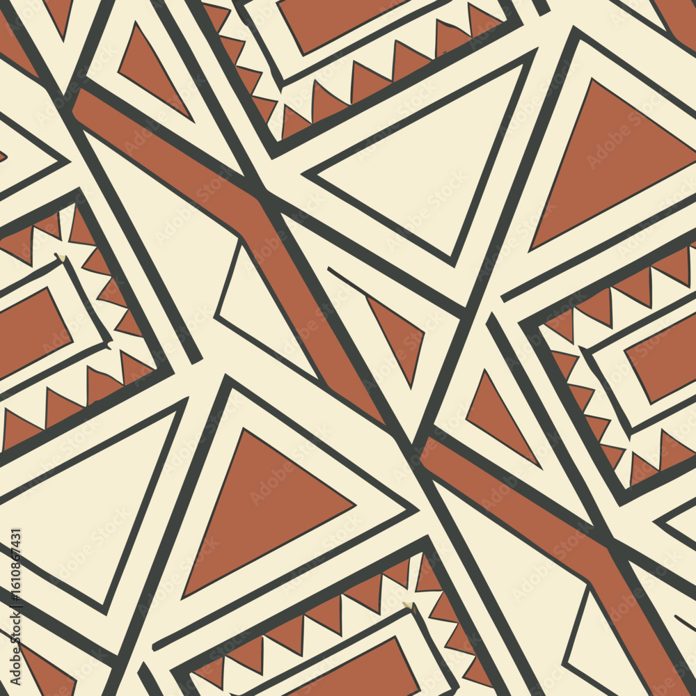 Poster tribal triangle seamless vector pattern with bold geometric shapes in warm colors