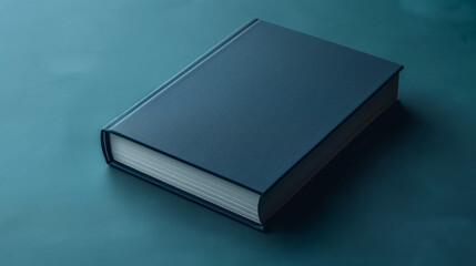 Closed dark blue book with textured cover on a teal background