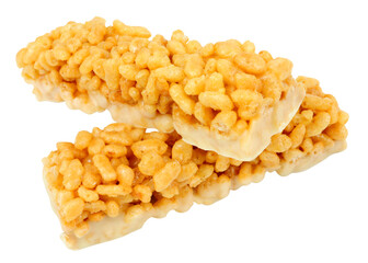 Toasted rice cereal and milk snack breakfast bar isolated on a white background
