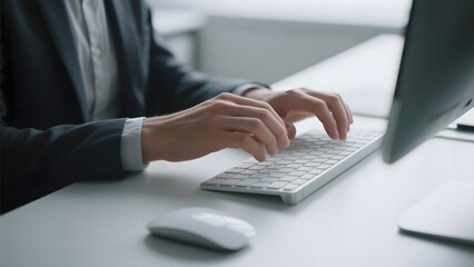 Businessperson typing on a keyboard at a modern office desk