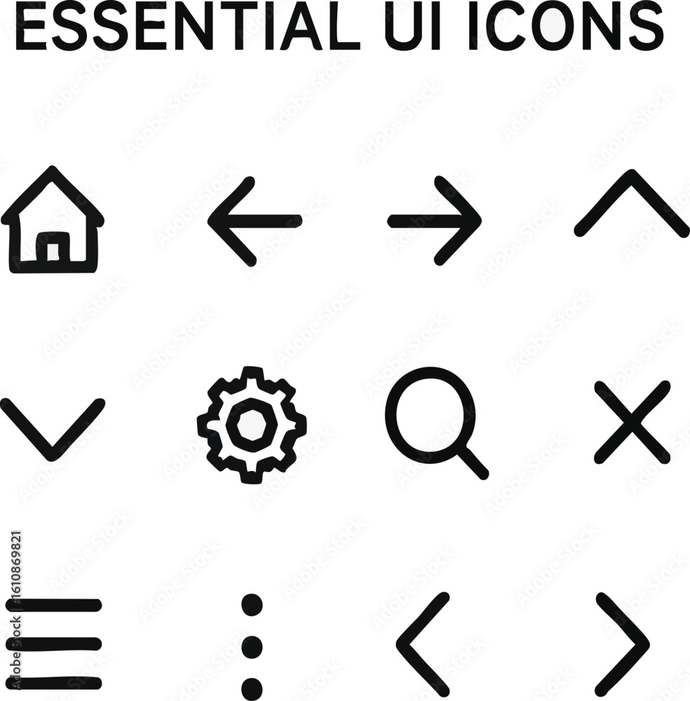 Fototapete essential ui icons set vector graphic design elements home arrow settings search menu navigation int