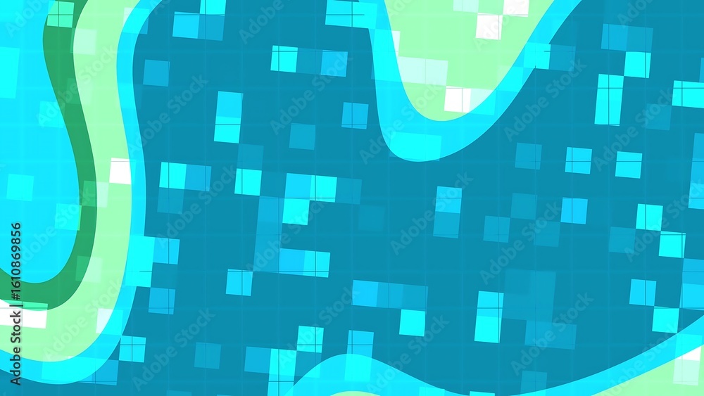 Poster prismatic aqua shift abstract teal and green design with flowing shapes and pixelated squares creati