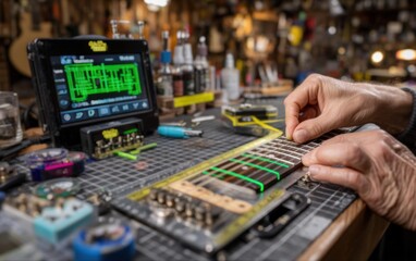 Obraz premium Final Guitar Setup Station Technician's Hands Adjusting Frets Displaying Detailed Readings on a Monitor, Craftsmanship at Work
