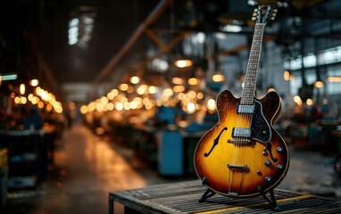 Naklejka premium Vintage Electric Guitar on Display in Factory Setting with Soft Lighting and Artistic Composition. Musical Instrument in Focus.