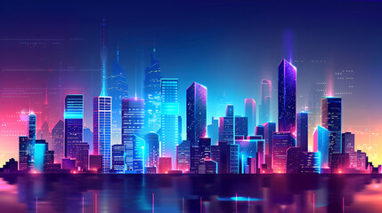 Obraz premium A vibrant cityscape illuminated with neon lights reflecting on the water at night in a futuristic style