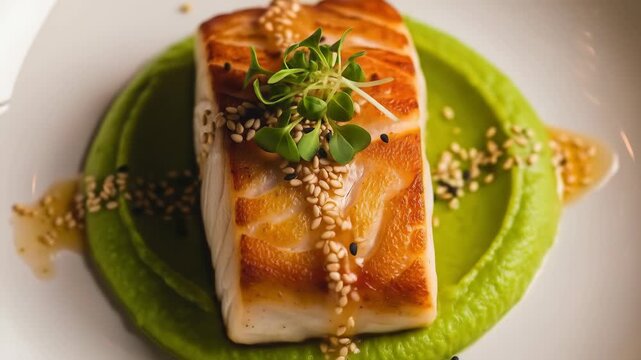 Gourmet seared black cod with edamame puree and sesame seeds on a white plate in a restaurant