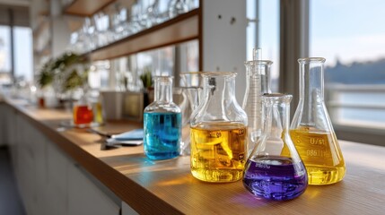 A laboratory workbench arranged with various glassware including measuring cylinders, burettes, and Erlenmeyer flasks filled with colorful liquids