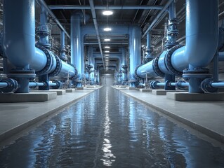 Ai generated image of vast industrial pipes and water channel in a large, modern factory