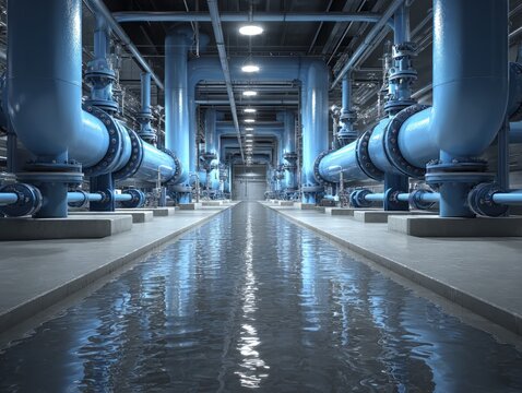 Ai generated image of vast industrial pipes and water channel in a large, modern factory