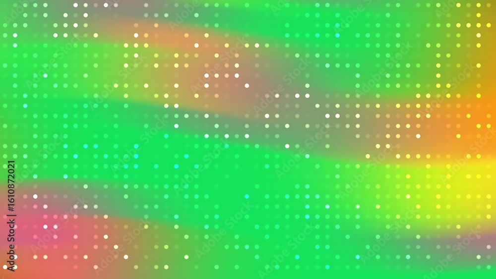 Poster prismatic aurora candy vibrant green background with a grid of white dots creating a retro tech or d
