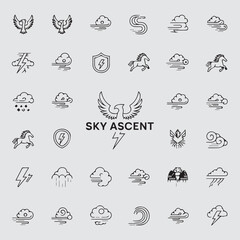Sky Ascent Icon Set Collection Featuring Clouds Eagles Horses Lightning and More Representing Themes of Flight Weather and Power in a Minimalist Design.Resizeable And Editable