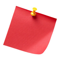 A blank red sticky note with a yellow pushpin, isolated on a white background, perfect for adding your own message or reminder.